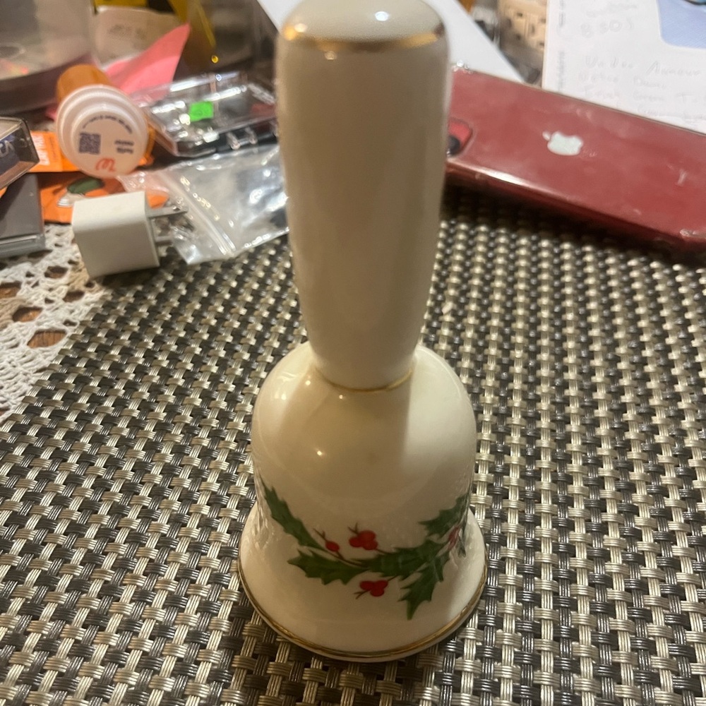 Porcelain Holly Bell Ornament in Cream with Gold Trim